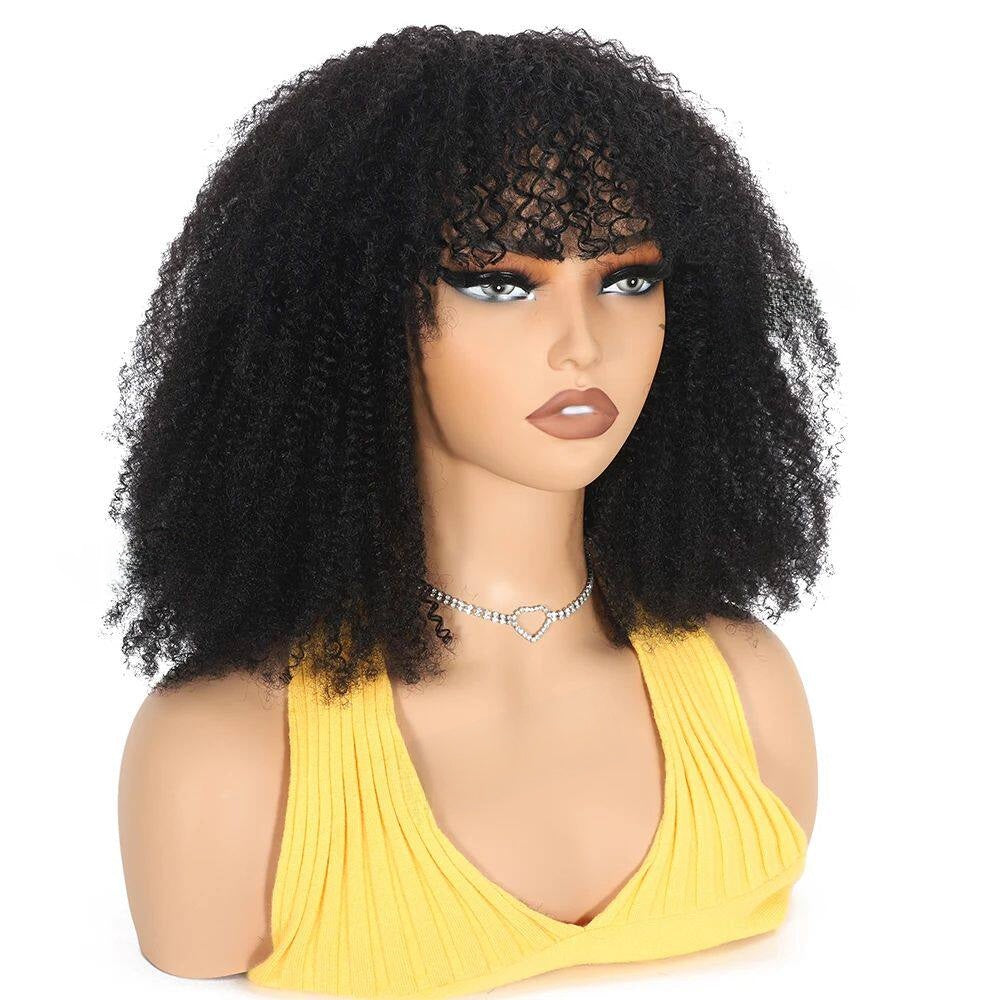 Afro Kinky Curly Human Hair Wig with Bangs — 180% Density | 10"–16"