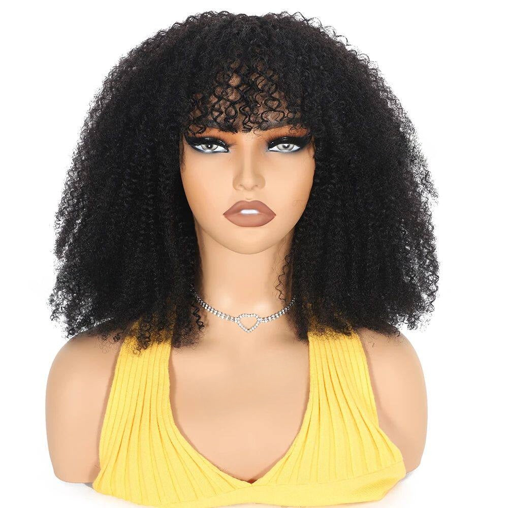 Afro Kinky Curly Human Hair Wig with Bangs — 180% Density | 10"–16"