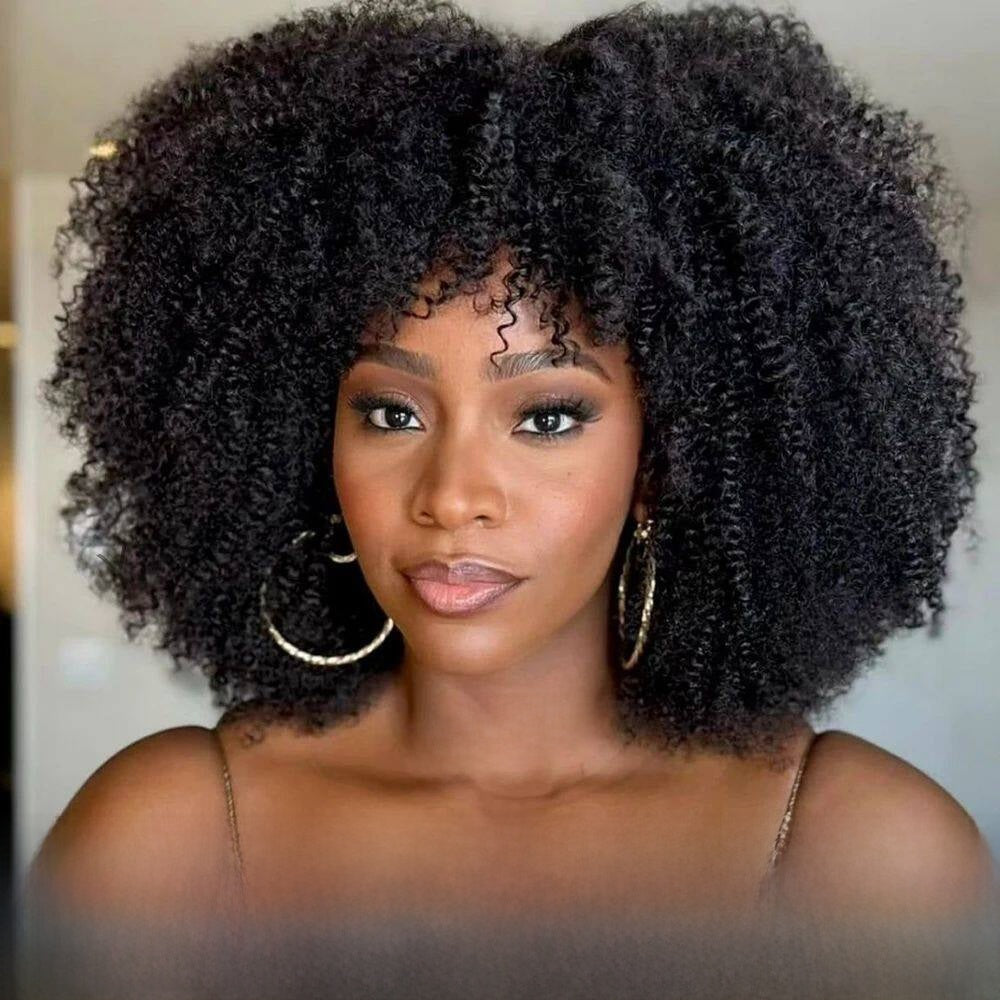 Afro Kinky Curly Human Hair Wig with Bangs — 180% Density | 10"–16"